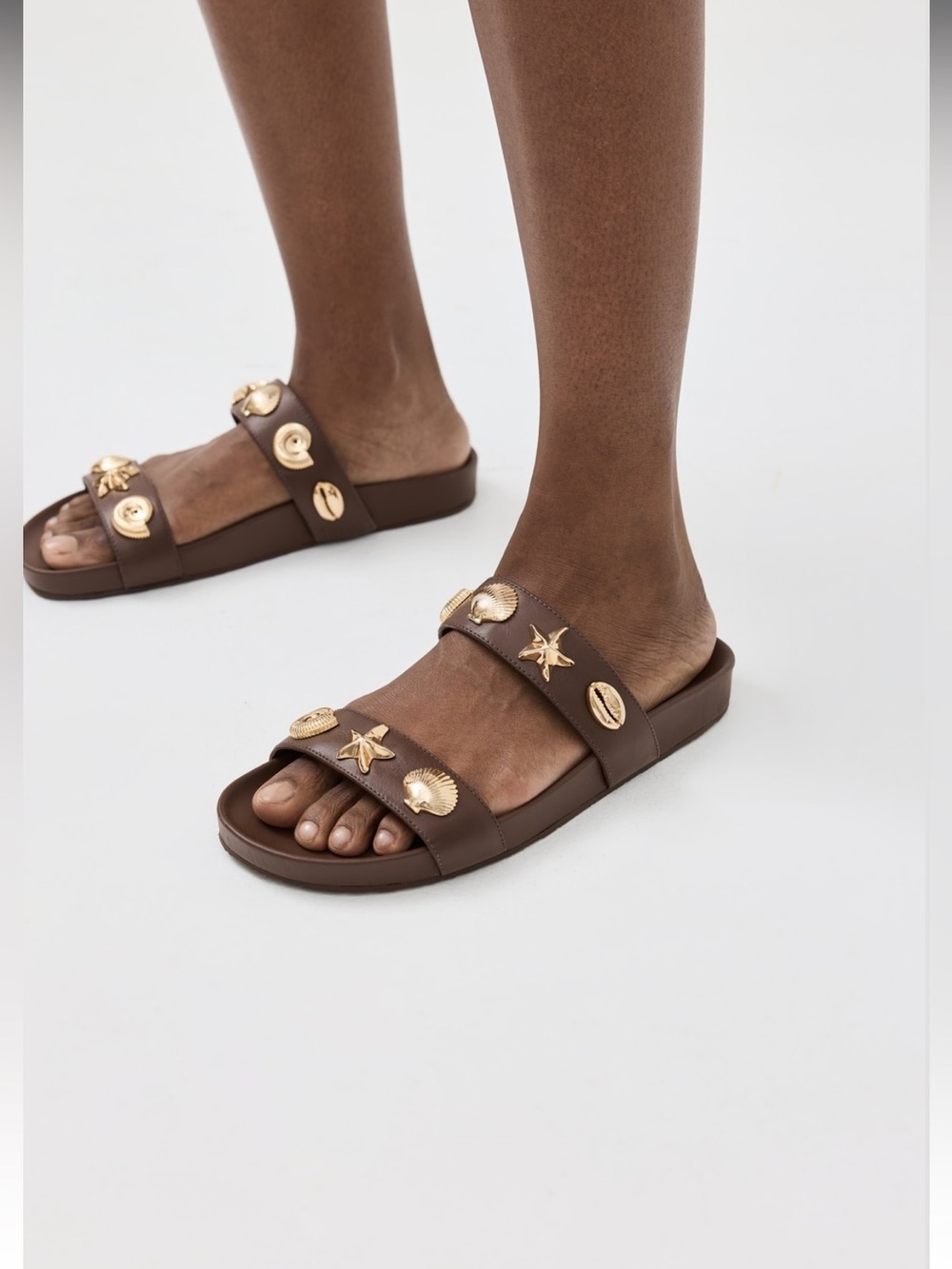 Larroude Madison Brown Leather Seashell Slides